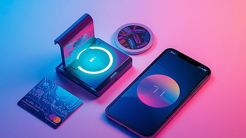 A modern flat‑lay composition showing a smartphone and a credit card placed confidently next to a magnetic holder. The holder is stylized as harmless, glowing softly in blue tones to symbolize safety.