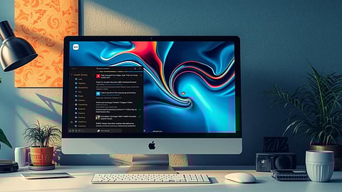 A modern Indian home office setup featuring a sleek 27-inch monitor displaying smooth scrolling text and video playback, with natural daylight illuminating the workspace, emphasizing comfort and productivity.