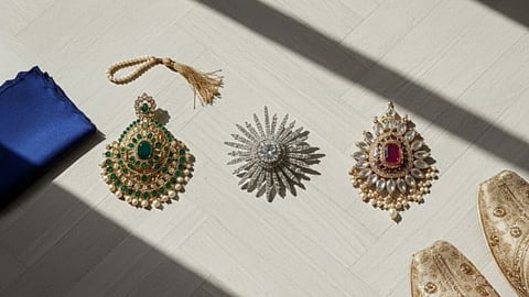 These four brooches are perfect for weddings and special functions. Each one adds style, shine, and a royal touch to your sherwani or blazer. 