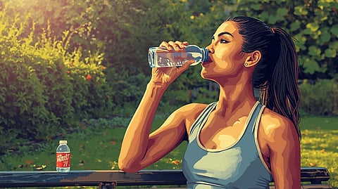 A vibrant Indian fitness scene showing a young woman drinking water post-workout in a park, with a small bottle of sports drink placed on a bench nearby. The background shows greenery and morning sunlight