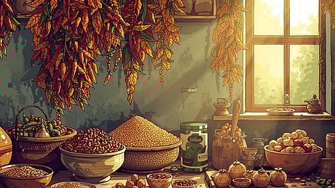 A vibrant Indian kitchen scene showcasing traditional food preservation methods such as sun-drying chilies and making pickles, with baskets of organic grains and spices. Include earthen pots, sunlight streaming.
