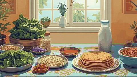 A picture of diverse calcium-rich foods beyond milk that help keep bones strong and healthy.