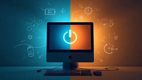 A modern desktop computer glowing softly in a dimly lit room, split into two halves_ one side showing the PC in 'sleep mode' with a faint moon icon and cool blue tones, the other side showing the PC 'shutting down'.