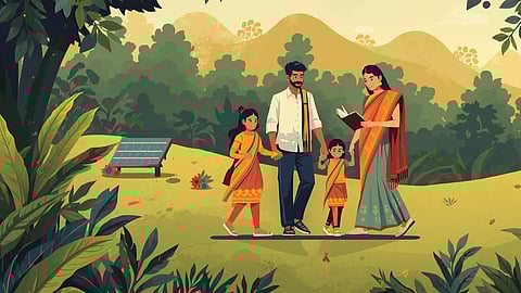 An Indian family embracing a digital detox outdoors, reducing screen time to support personal wellbeing and environmental sustainability.