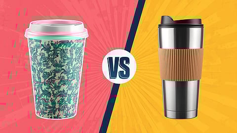 A high-quality image showing a comparison between disposable paper cups with plastic lining and reusable stainless steel tumblers and bamboo tumblers.