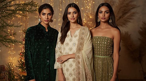 A festive Indian wardrobe moment where elegant kurtas coordinated sets and Indo western silhouettes come together for a modern Christmas celebration.