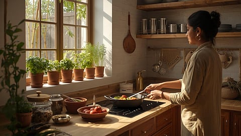 Sustainable living in an Indian home with eco-friendly kitchen, handloom textiles, and natural elements