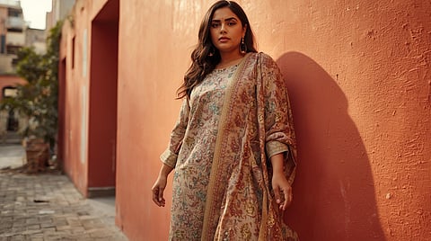 Plus size Indian woman wearing a stylish kurta and palazzo pants, representing comfortable and confident Indian fashion.