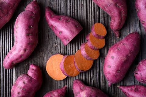 Purple sweet potato contains antioxidant namely anthocyanins in very high amount. It has high presence of fibre.