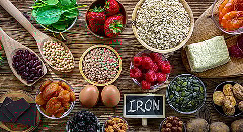 Eggs, dark leafy green vegetables like spinach and kale, nuts, fortified cereals, raising, and apricots are some of the popular iron rich foods. 
