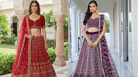 Women wearing deep red and purple velvet lehenga sets.