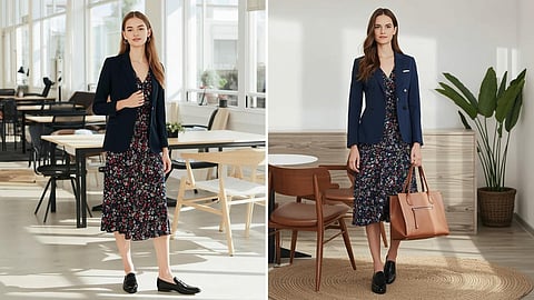 A stylish young professional in Australia wearing a tailored blazer over a chic midi dress, transitioning seamlessly from office to weekend. The setting shows a modern office space blending into a trendy café scene.