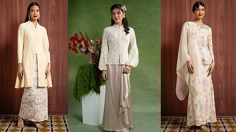 Woman wearing white Cloud Dancer kebaya with intricate embroidered details and traditional kerongsang brooch - Raya 2026 fashion