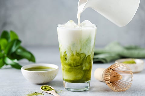 Try this simple matcha recipe at home blend matcha powder, cold water, coconut milk & honey over ice for the perfect refreshing summer drink.