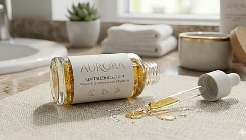 A serum bottle with dropper on the counter top.