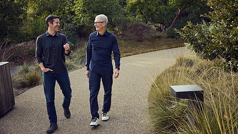 John Ternus (incoming CEO) on the left, Tim Cook (outgoing CEO) on the right.