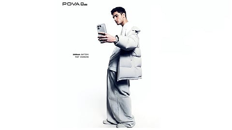 Tecno Pova 8 teaser showcasing the phone's rear design and dot matrix display.