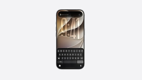 iPhone displaying the iOS 27 Siri interface with a search bar at the top and an on-screen keyboard for typed queries.