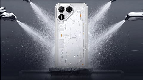 Pova 8 smartphone showcasing its design and key highlights, including the Alive Matrix Display.