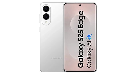 Promotional image of the Samsung Galaxy S25 Edge highlighting its slim side profile and Galaxy AI branding.