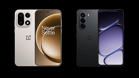 Official renders of the OnePlus 15 and OnePlus Nord CE 6 Lite smartphones shown side by side.
