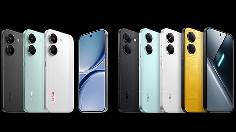 Redmi Turbo 5 and POCO X8 Pro smartphones shown in multiple colour options.