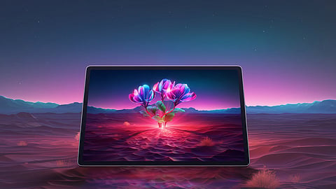 Lenovo Tab Plus Gen 2 tablet showcasing its 12.1-inch display, JBL 9-unit Pro speaker system, and Celestial White design.