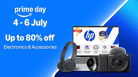 Amazon Prime Day 2026 banner highlighting up to 80 percent discount on electronics.