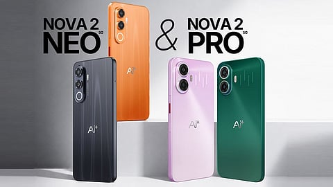 Ai+ Nova 2 Neo 5G and Nova 2 Pro 5G shown in multiple colour options, highlighting their rear design.