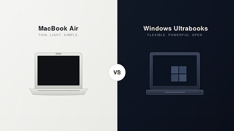 Illustration comparing the Apple MacBook Air and Windows ultrabooks for performance, battery life, productivity, and overall value in India.
