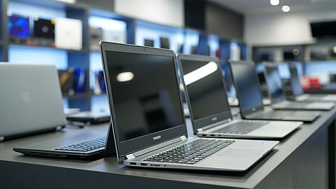 Multiple thin and lightweight laptops displayed on a showroom table inside an electronics store.