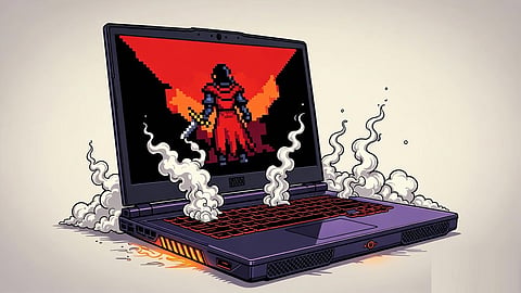 Illustration of gaming laptop running a demanding game.