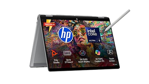 HP OmniBook X Flip in tent mode with a 3K OLED touchscreen and stylus support.