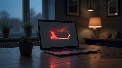 Laptop displaying a low battery warning icon on the screen.
