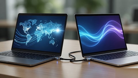 Two laptops connected for data transfer and migration.