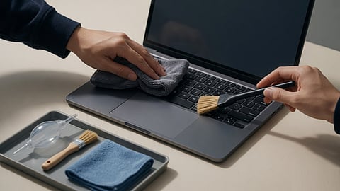 A person cleans a laptop keyboard with a microfiber cloth and a soft brush.