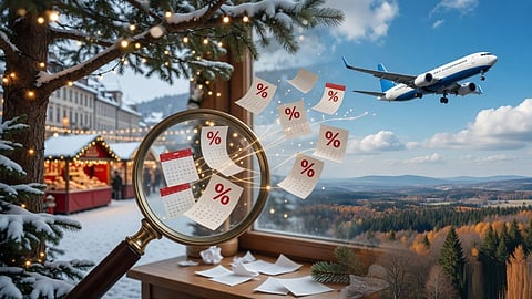 Magnifying glass highlighting discounted travel dates with an airplane, representing cheap holiday flight bookings.