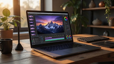 Laptop displaying video editing software interface for content creation, graphic design, and multimedia editing on a desktop workspace.