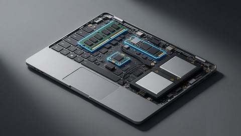 Laptop showing upgradeable components such as RAM, SSD, Wi-Fi card, and battery.