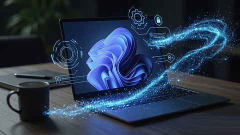 A Windows laptop illustrating system settings, security, storage, and file-sharing features.