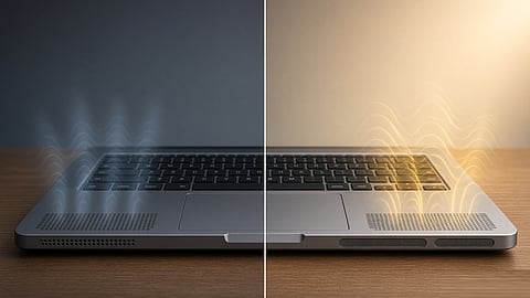 The image shows laptop speaker features such as placement, drivers, tuning, chassis design, bass and distortion.