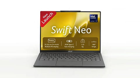 Acer Swift Neo laptop with a 14-inch WUXGA IPS display and Intel Core Ultra 7 branding on the screen.
