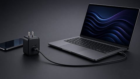 Laptop connected to a USB-C charger with a smartphone beside it.