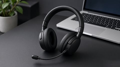 A black over-ear laptop headset with a boom microphone placed beside a laptop on a desk.