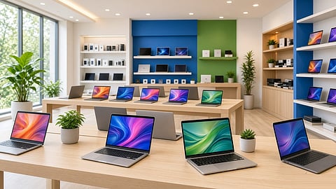 A laptop retail store with several open laptops displayed on tables and shelves.