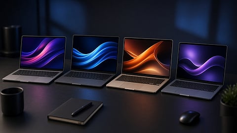 Four laptops displayed side by side on a dark desk, each showing a different colourful abstract wallpaper.