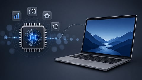 Laptop with a processor chip illustration and performance icons, representing laptop processor performance.