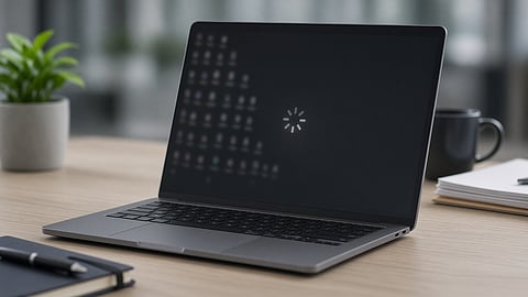 The laptop shows a loading spinner while waking from sleep, with several apps on the desktop.