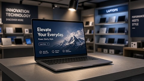 Laptop displayed on a store counter with other laptops in the background.