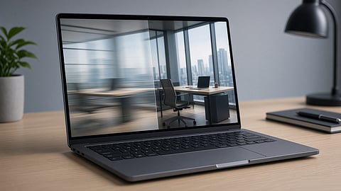 Laptop with a high-refresh-rate display showing smoother and blurred motion across an office workspace